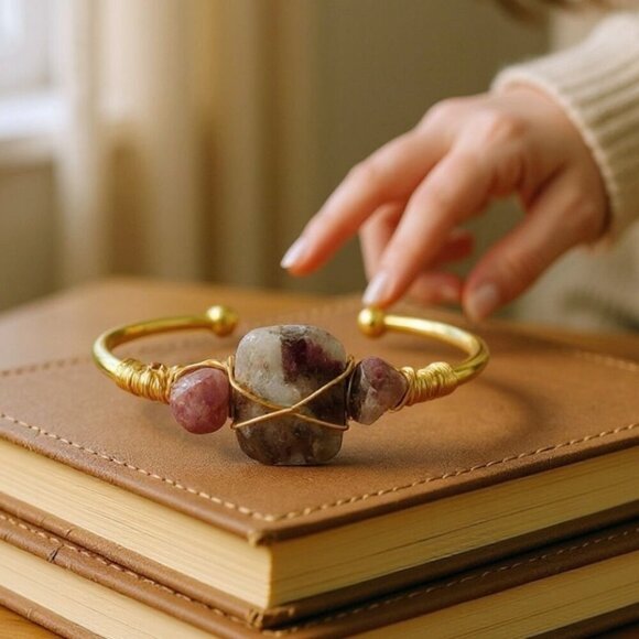 Pink Tourmaline ✦ Wire Wrap Cuff ✦ 14Kt Gold Over Copper Handmade Bracelet - Picture 11 of 11